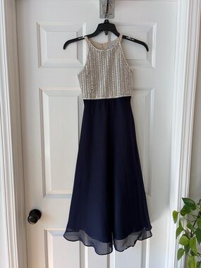Navy and Silver Beaded Halter Girls Formal Dress